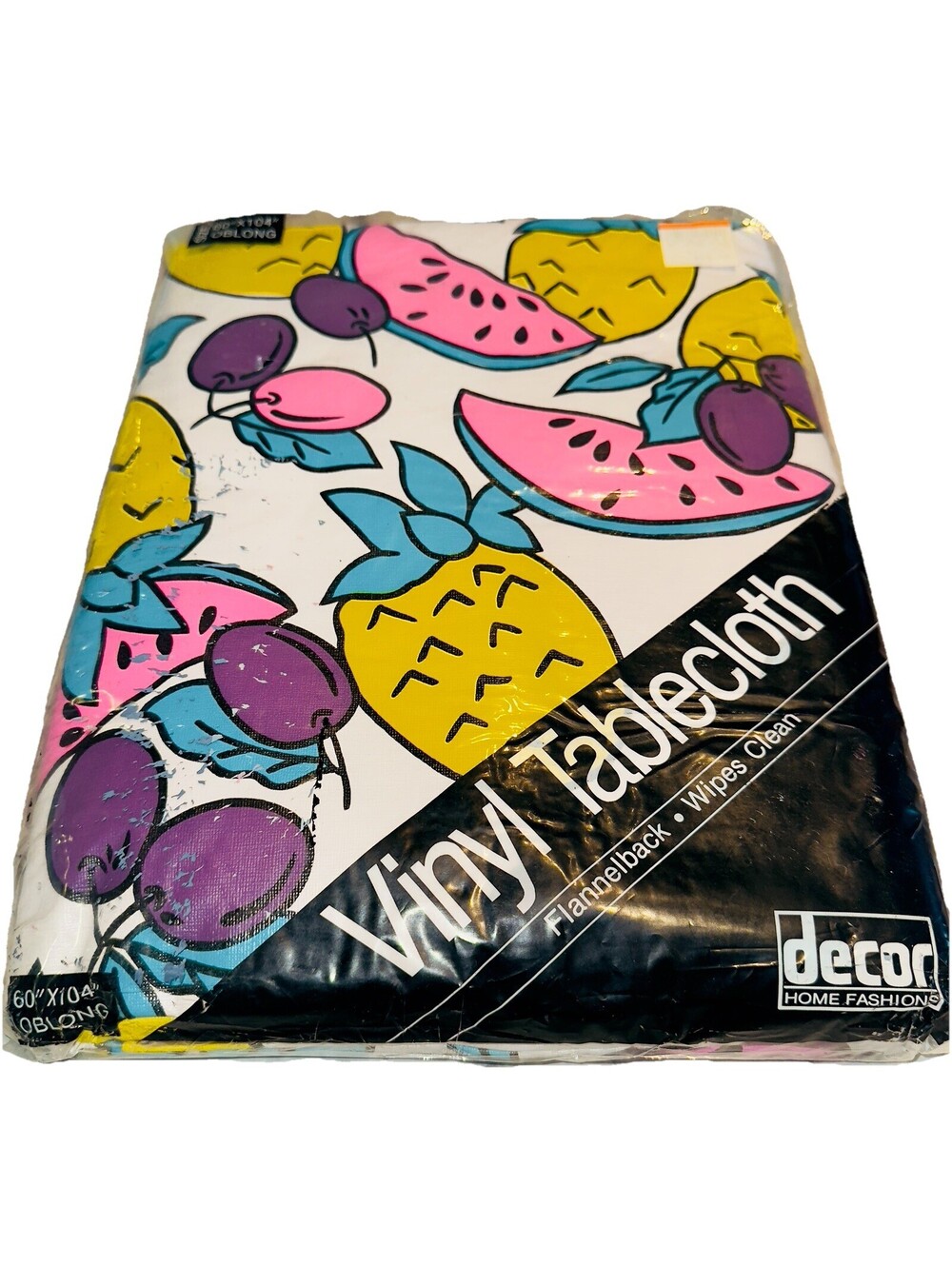 Neon Fruit Thick Vinyl Tablecloth NEW Vintage 1990s 60'x 104" Oblong Flannelback